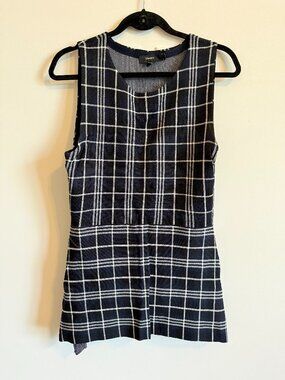 Theory Kalora Plaid Peplum Knit Top Navy Sleeveless L